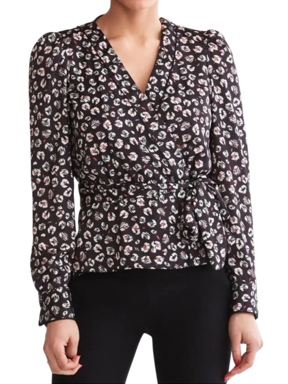 Bailey/44 Marguerite Mini-Leopard Wrap Blouse 8/10 Black Multi 412-D037